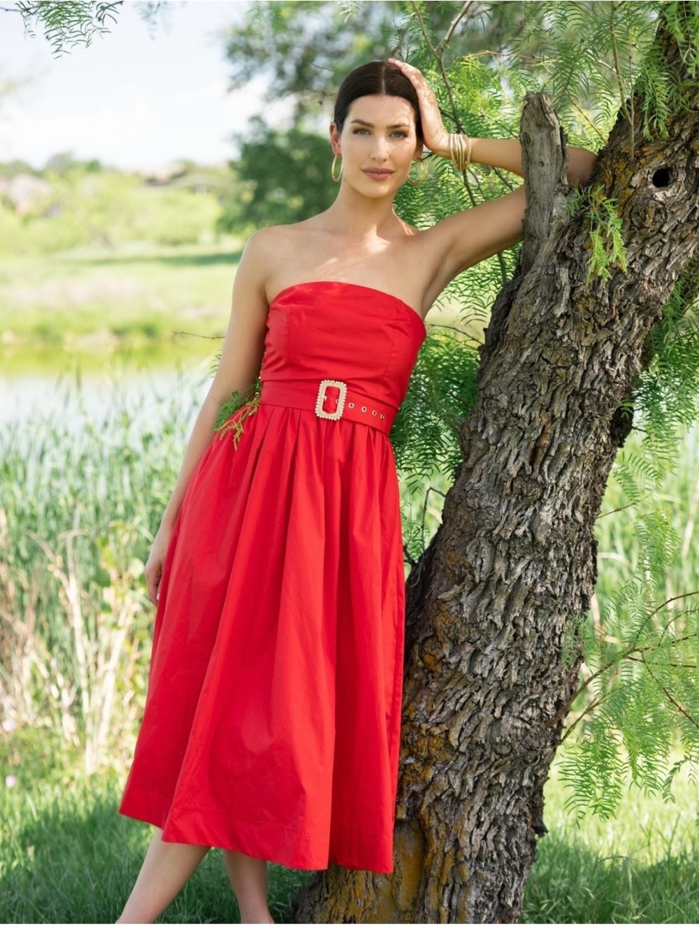 Flying Tomato Red Strapless Midi Dress with Decorative Buckle Belt